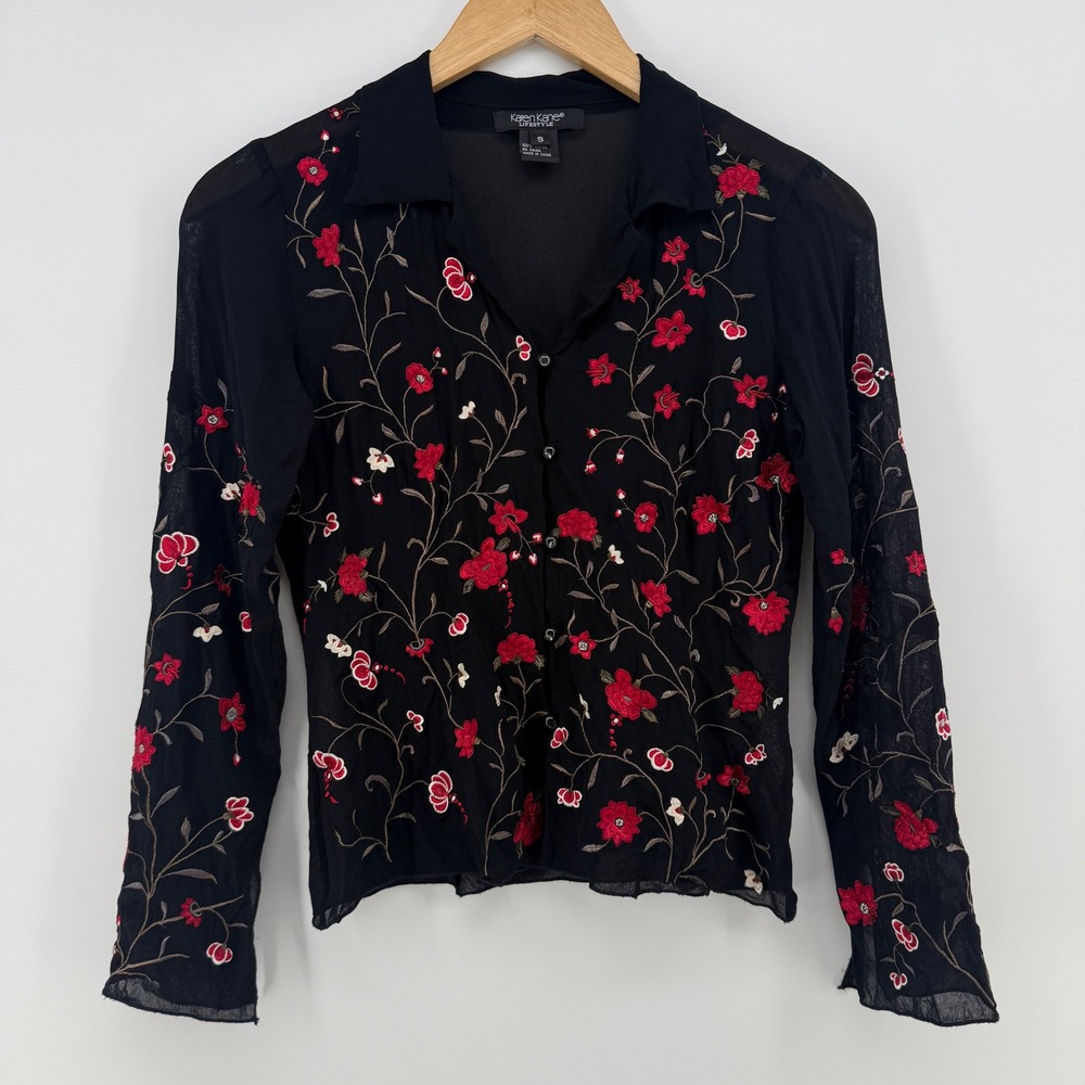 Karen Kane Lifestyle Black Sheer Floral Embroidered Button Up Blouse Small